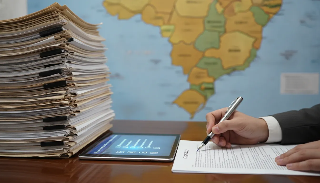 Documentos legais, certidões e checklist digital para due diligence imobiliária detalhada.