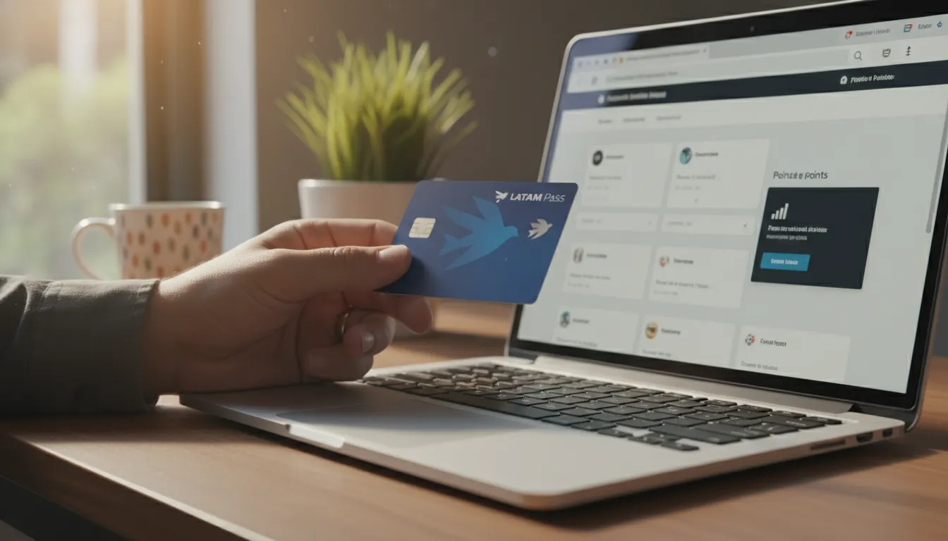 Mão usando cartão de crédito para acumular pontos LATAM Pass em compra de viagem online.