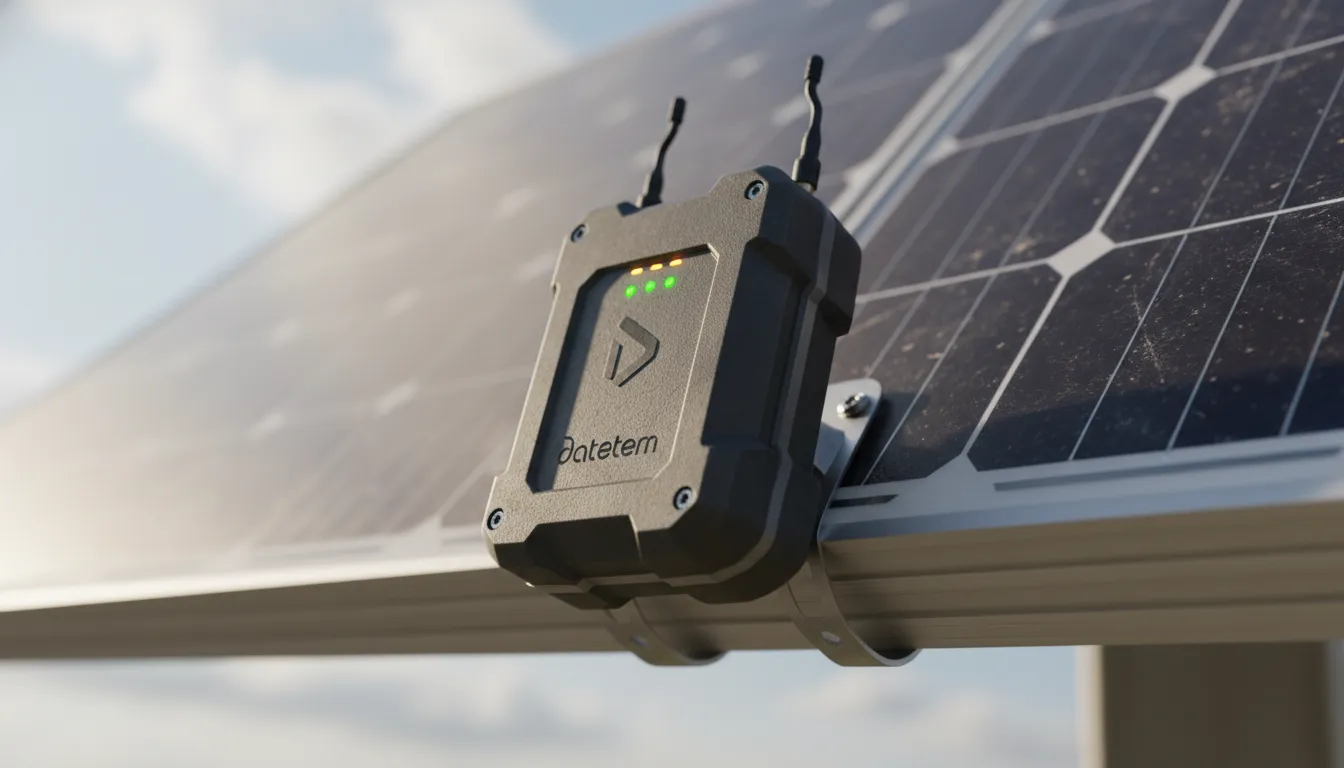 Dispositivo IoT da Datatem coleta dados de energia solar em painel fotovoltaico para telemetria.
