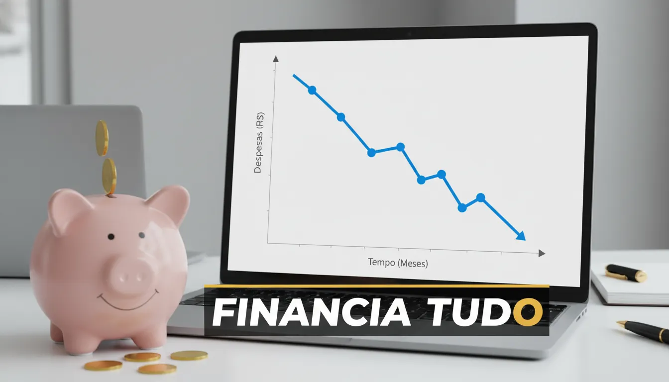 Gráfico demonstrando a redução de despesas ao longo do tempo, representando o controle de gastos eficaz com um cofrinho ao lado.