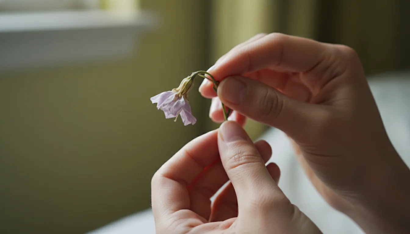 Mãos femininas seguram flor murcha, simbolizando fragilidade e baixa autoestima feminina. Busque terapia online.