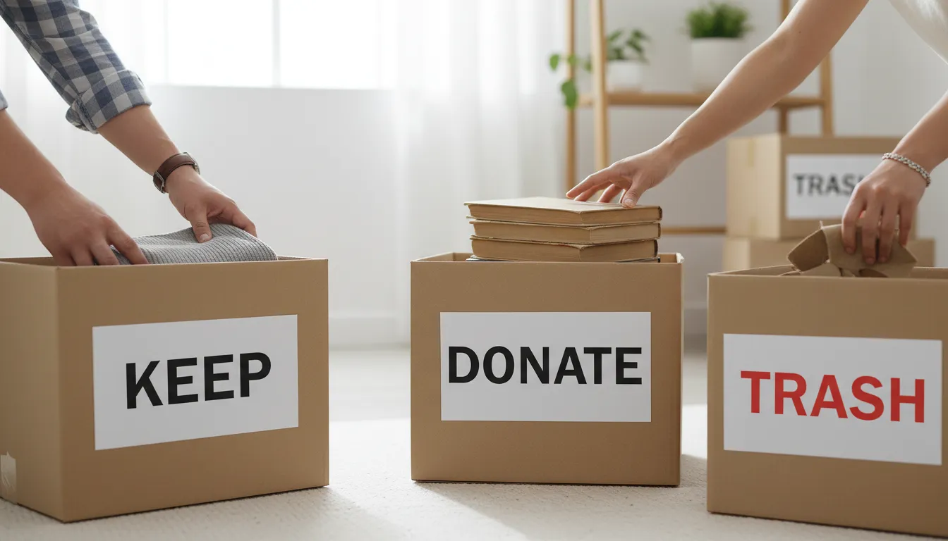 Pessoa separando itens em caixas de manter, doar e descartar dentro de ambiente organizado.
