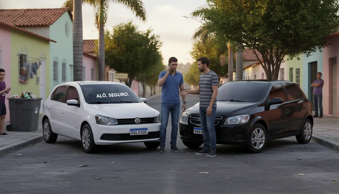 Motoristas resolvendo pequeno acidente, um deles acionando assistência de seguro pelo celular.