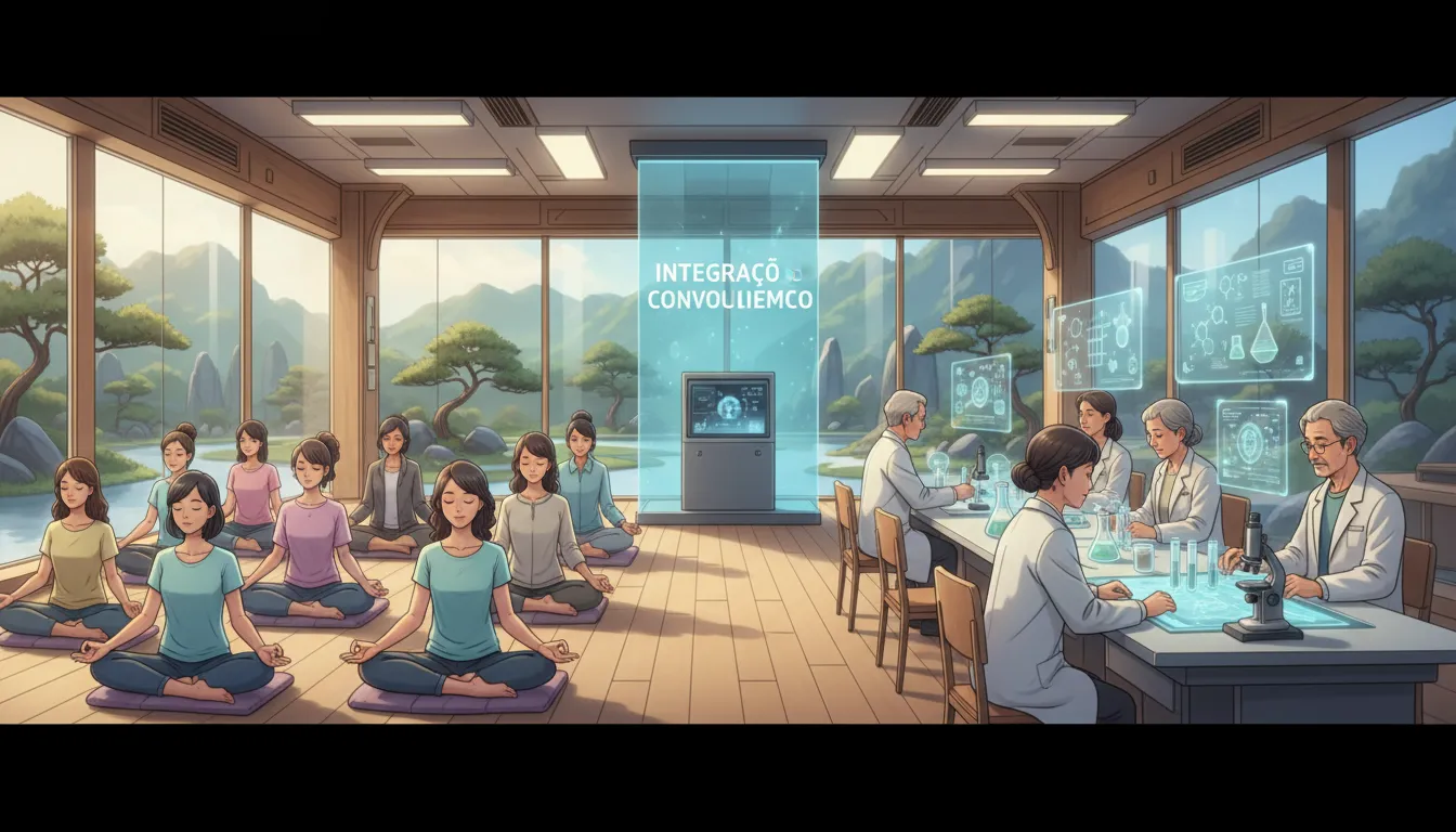 Grupo diverso meditando e estudando ciência juntos em sala de aula luminosa, refletindo integração de saberes.