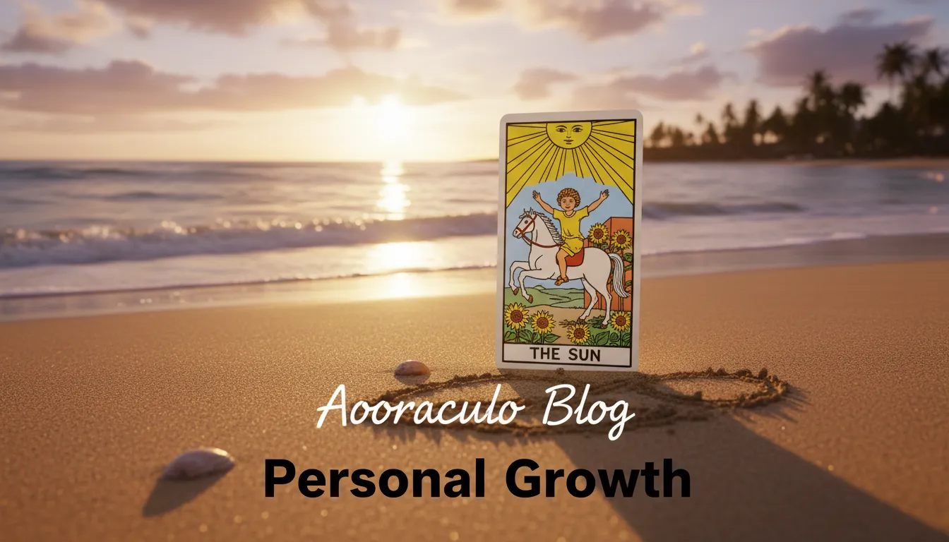 Um entardecer sereno e o tarot revolucionar vida pessoal: carta 'O Sol' fincada na areia, simbolizando crescimento pessoal com Aooraculo Blog.