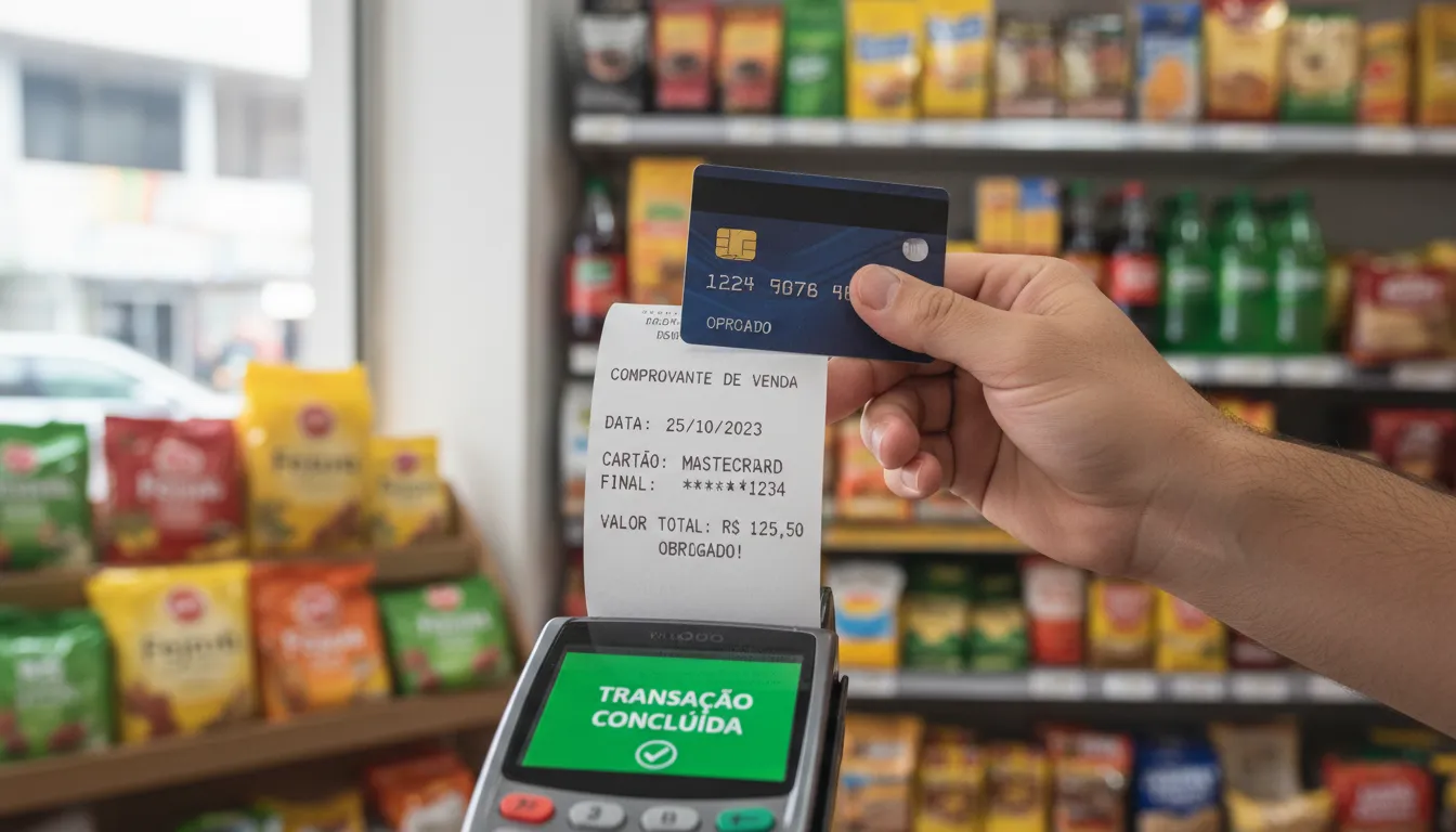 Detalhe de mão segurando recibo e cartão após venda com maquininha em comércio brasileiro