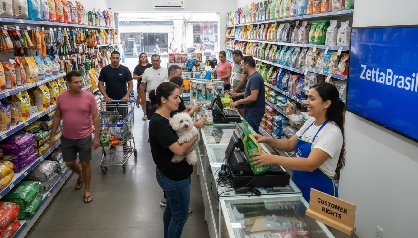 Loja de animais movimentada com clientes e um funcionário auxiliando na compra, representando os direitos do consumidor e o sistema ZettaBrasil.