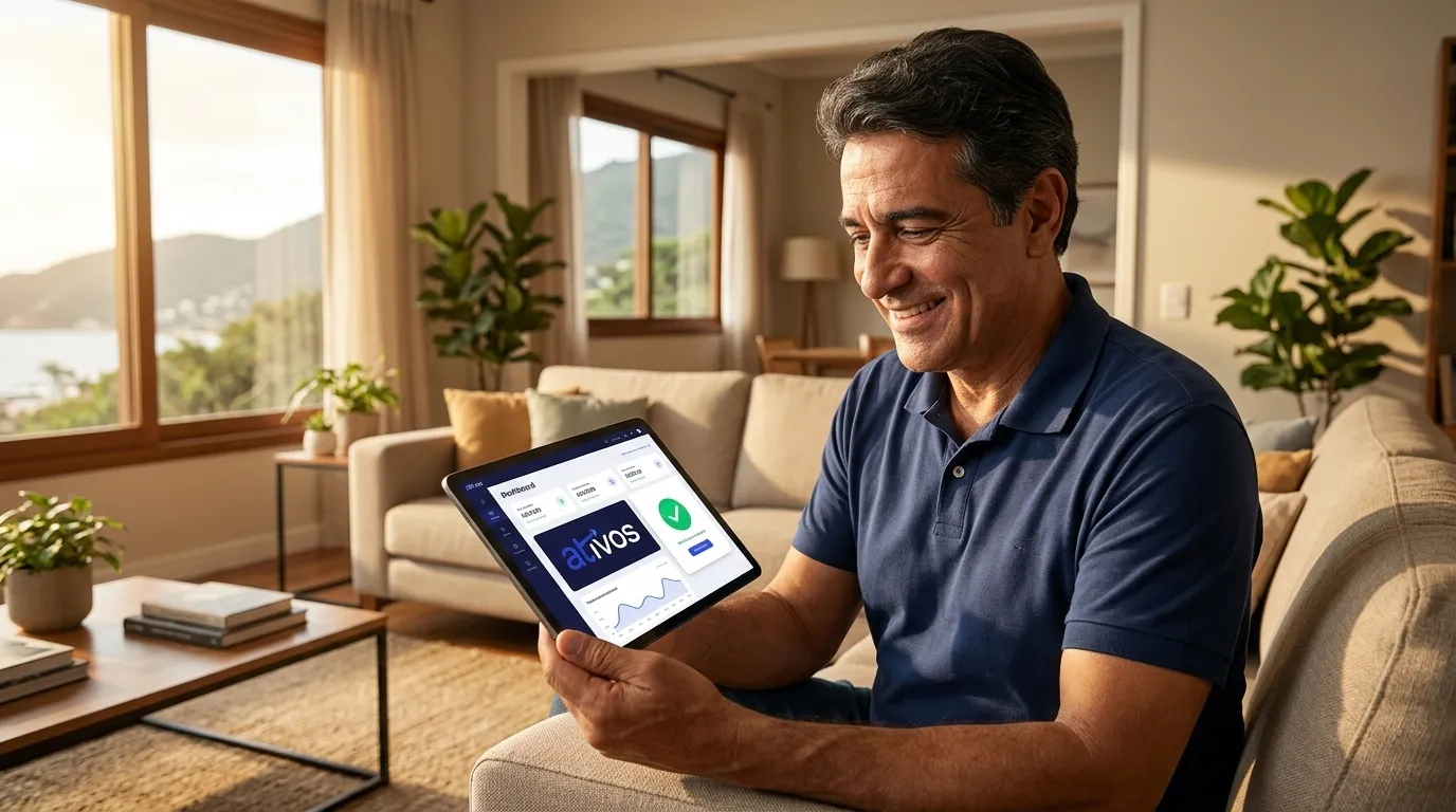 Homem feliz ao consultar precatorio tjsc no tablet na sala de casa.