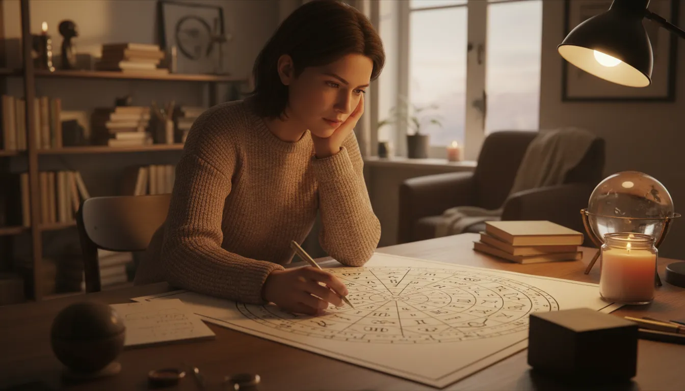 Pessoa analisando um mapa numerológico, com expressão pensativa, representando a jornada de autoconhecimento através da numerologia, com o suporte da plataforma Unolife.