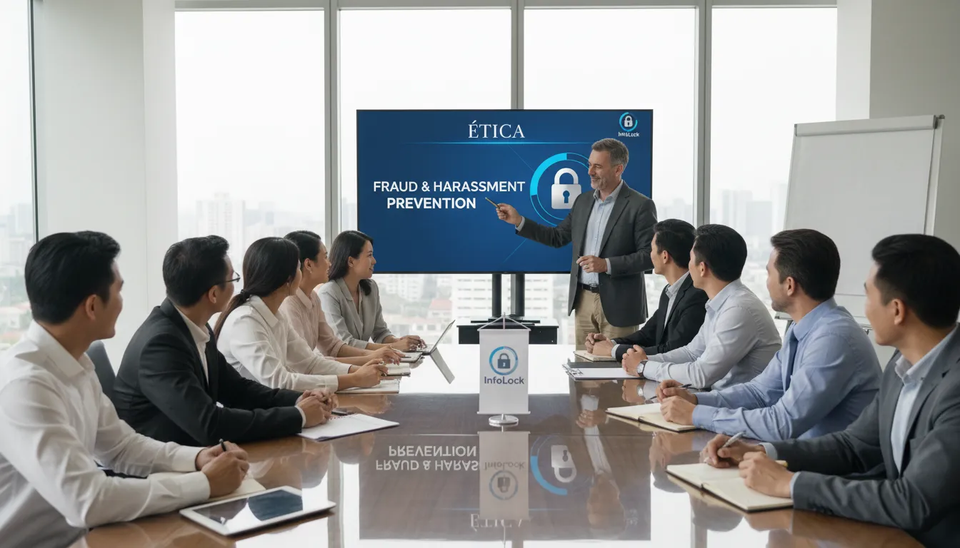 Um grupo diversificado de funcionários participando de um treinamento de ética, enfatizando a prevenção de fraudes e assédio em uma investigação interna. Logo da InfoLock no canto.