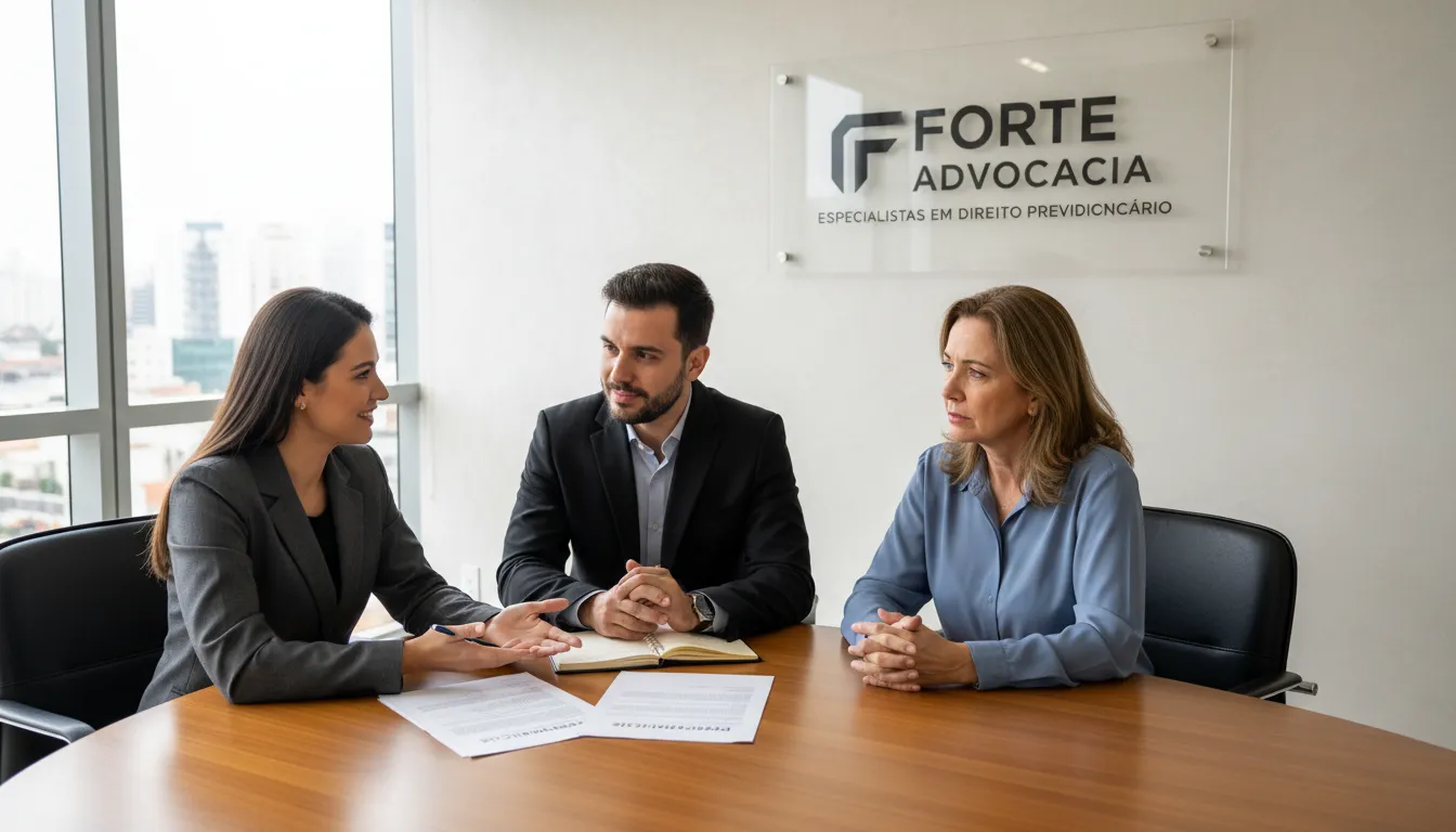 Advogados da Forte Advocacia consultando um cliente preocupado, transmitindo confiança e expertise em casos de limbo previdenciário.