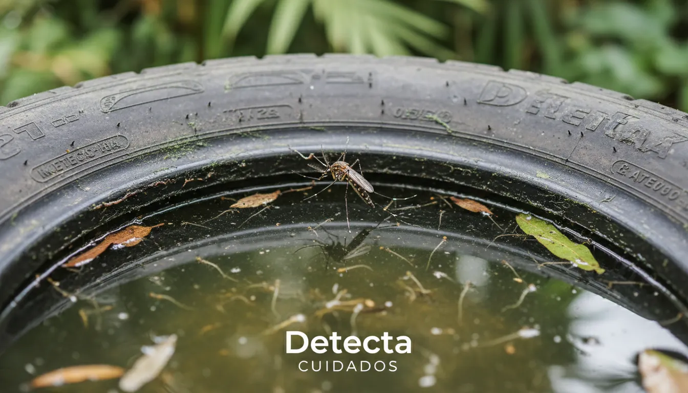 Cena realista de mosquito se reproduzindo em água parada, mostrando a importância do controle de Mosquitos. Detecta.