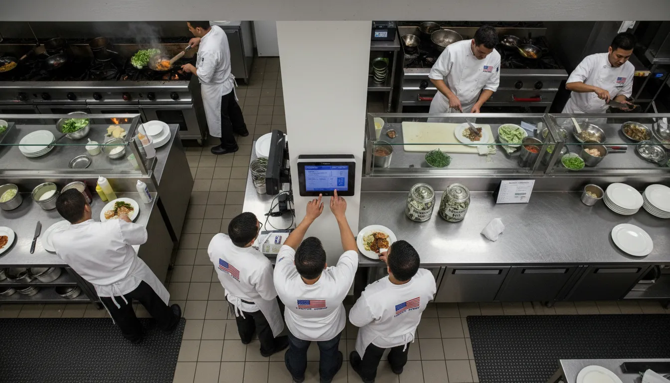 Funcionários de restaurante nos EUA batendo ponto em sistema digital com gorjetas visíveis no ambiente.