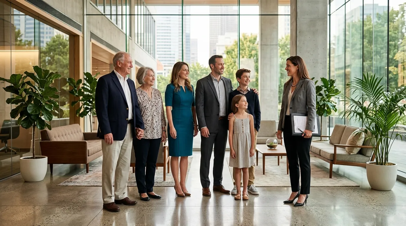 Família empresária reunida com advogado de holding familiar para planejamento sucessório e governança.