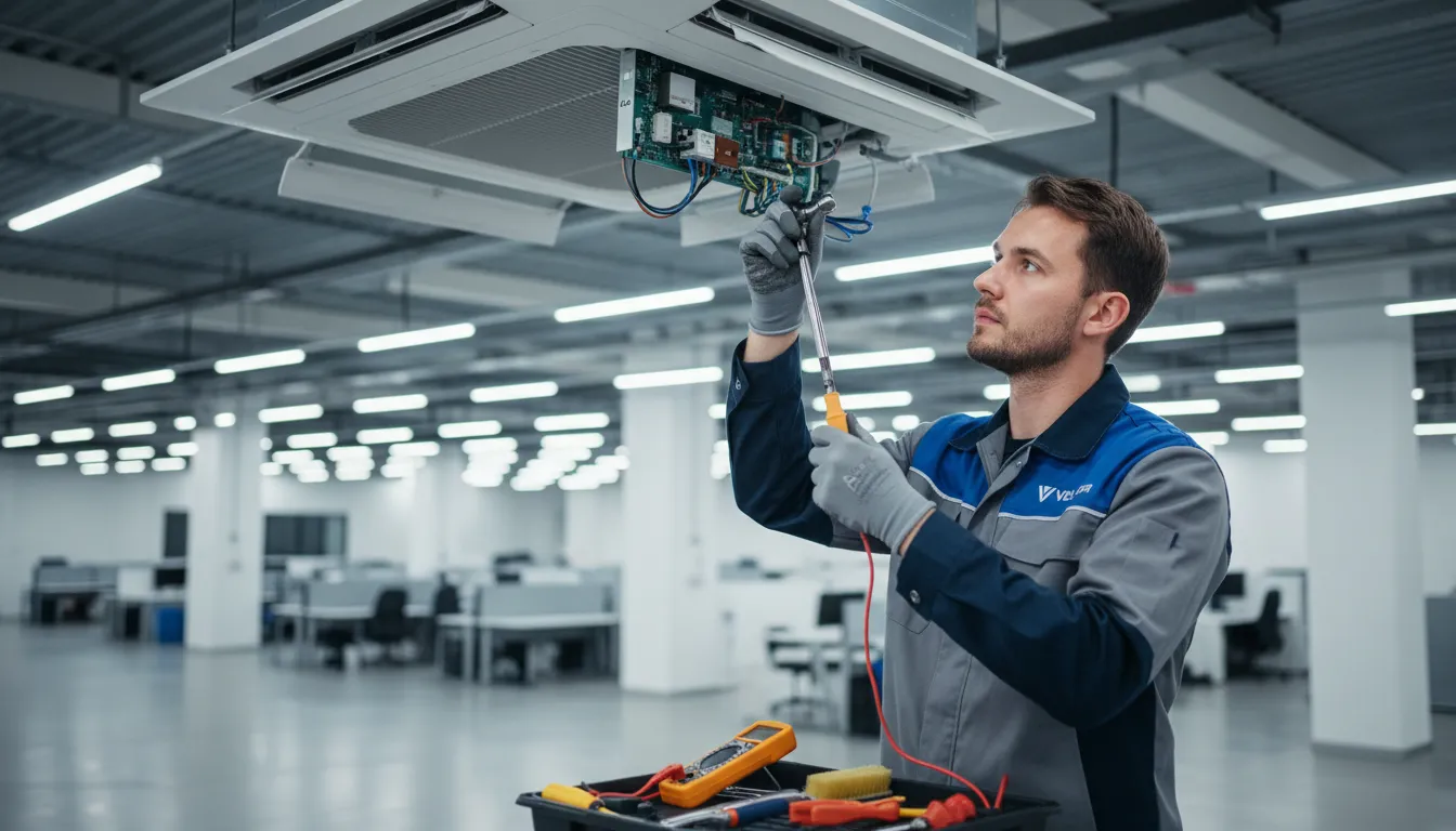 Técnico da Veltter realizando manutenção preventiva em um sistema de ar condicionado piso teto em um edifício comercial, garantindo seu funcionamento eficiente.