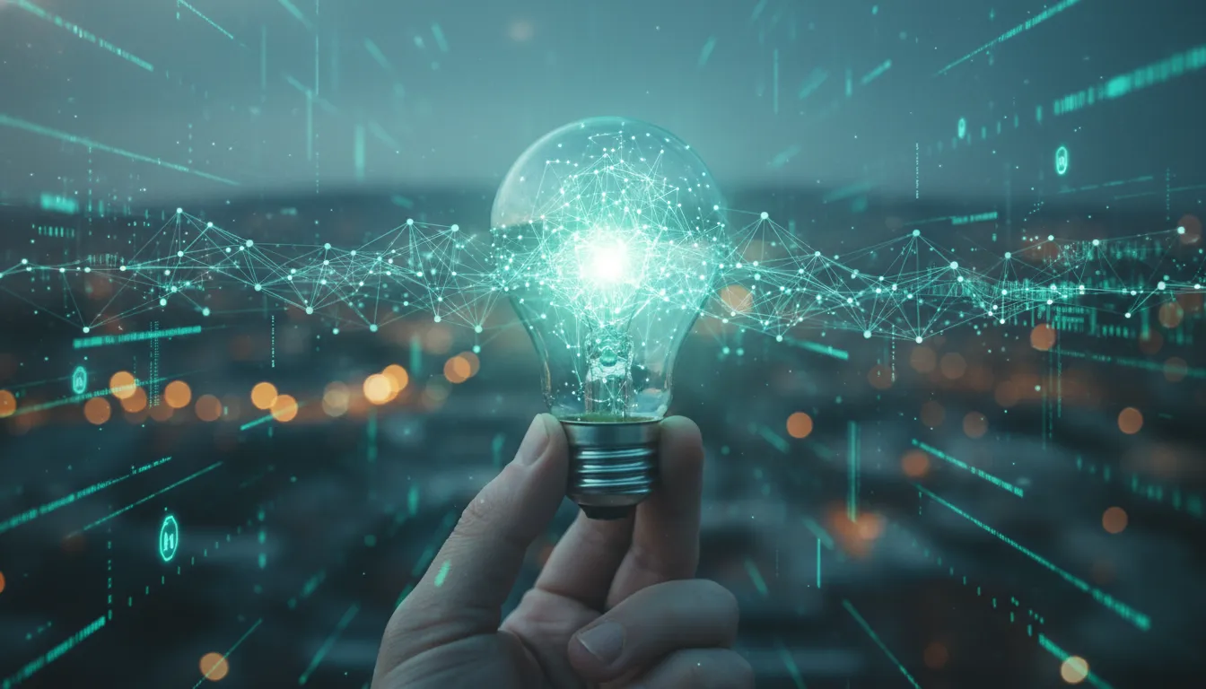Mão segura lâmpada digital brilhante, simbolizando ideias inovadoras para branding e conexão na era digital.