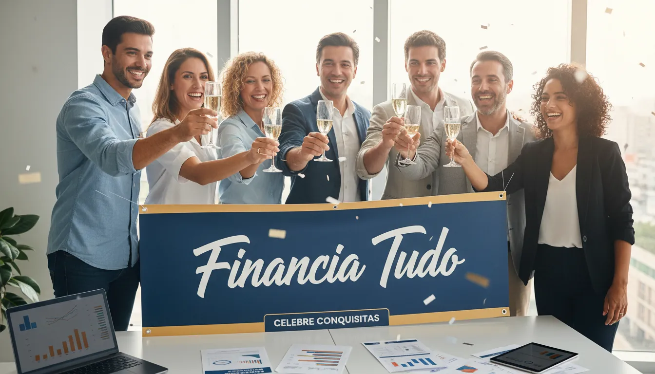 Pessoas celebrando sucesso financeiro após obterem juros mais baixos em seus empréstimos. Financia Tudo conecta você às melhores alternativas do mercado.