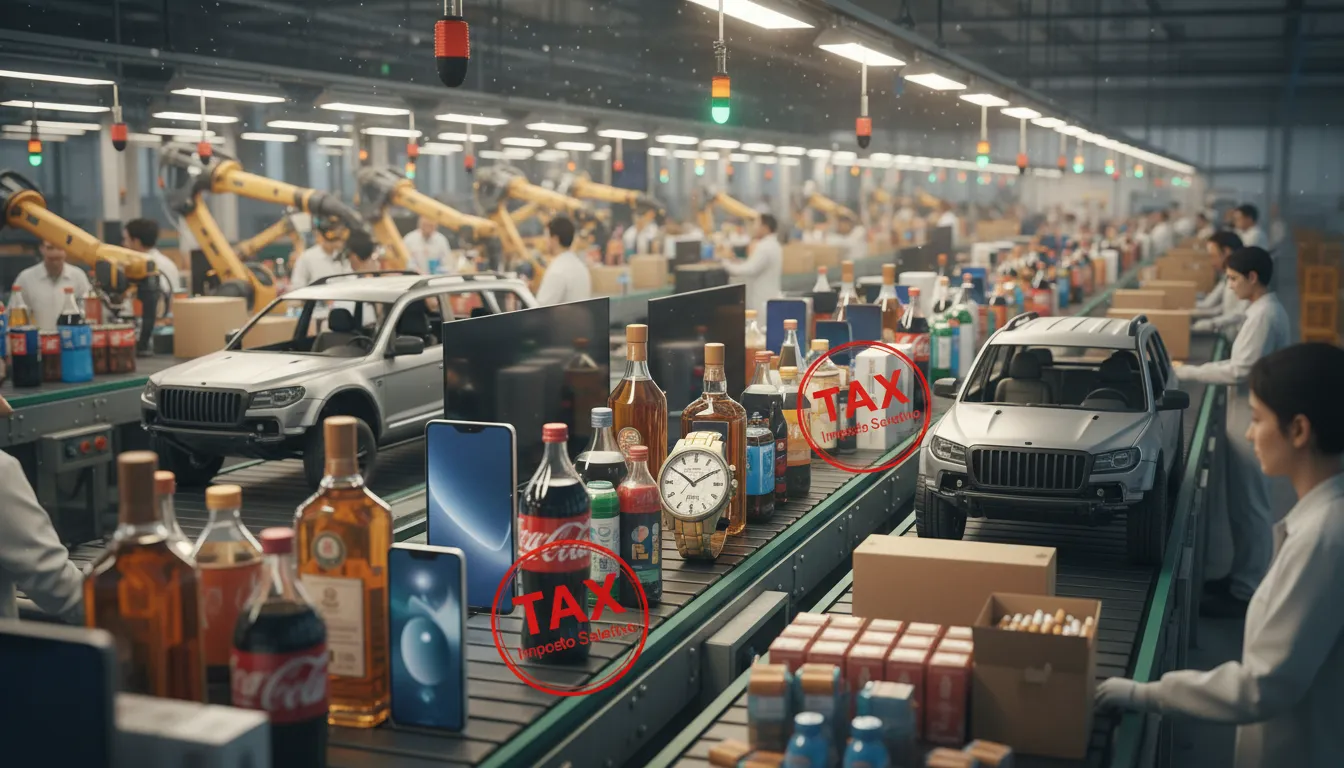 Linha de produção fabril com produtos recebendo selo de 'taxa', simbolizando o impacto do imposto seletivo em diferentes setores da indústria.