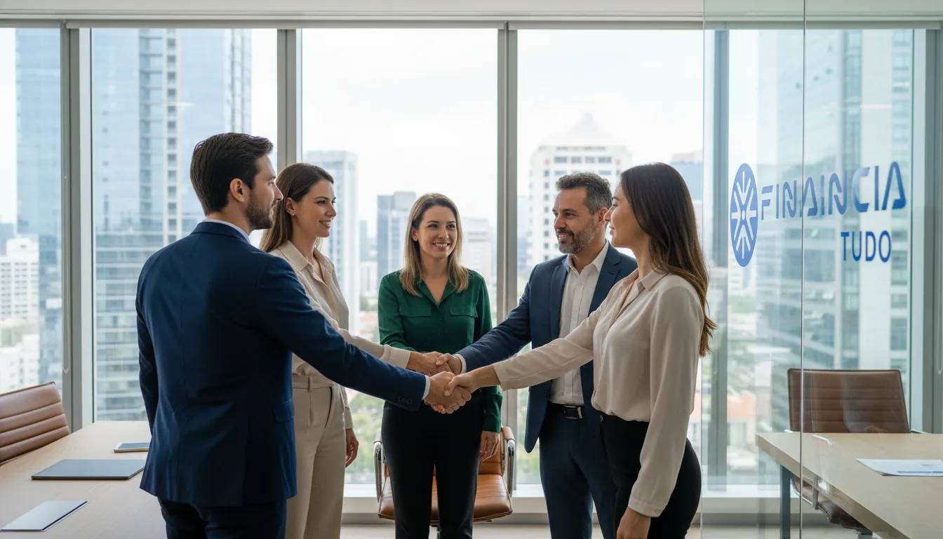 Pessoas fechando acordo financeiro, representando a segurança de usar home equity para reorganizar dívidas com o apoio da Financia Tudo.