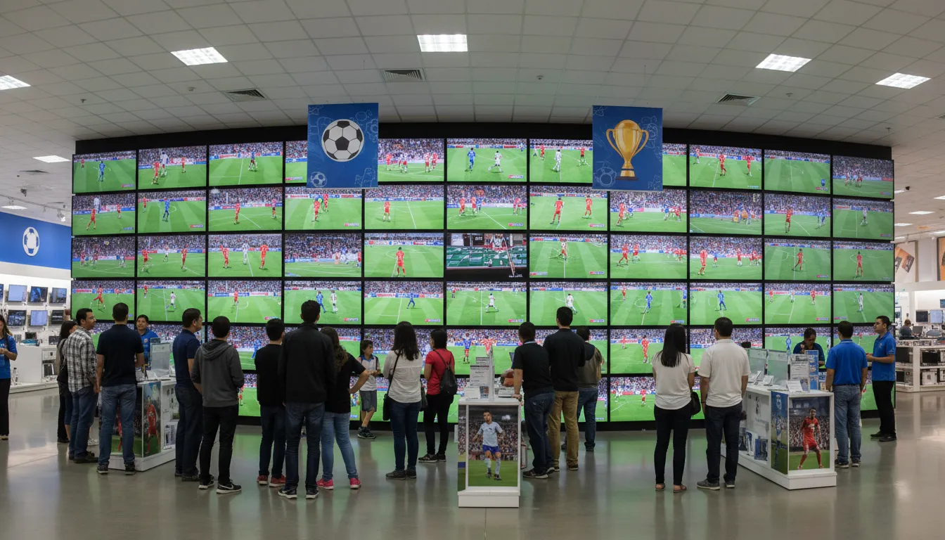 Diversidade de modelos de tv para copa em loja de eletrônicos, com clientes comparando opções.