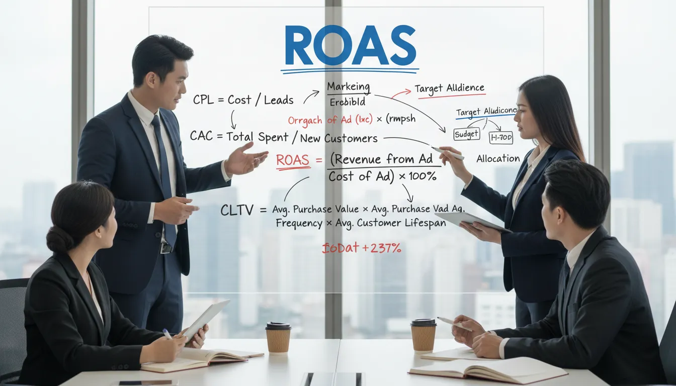 Um quadro branco cheio de fórmulas de marketing como CPL, CAC e ROAS, usado em uma sessão de brainstorming para Calculadora de Orçamento.