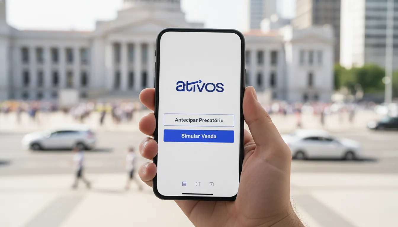 Mão segura smartphone exibindo plataforma Ativos, facilitando a decisão de vender precatório municipal online.