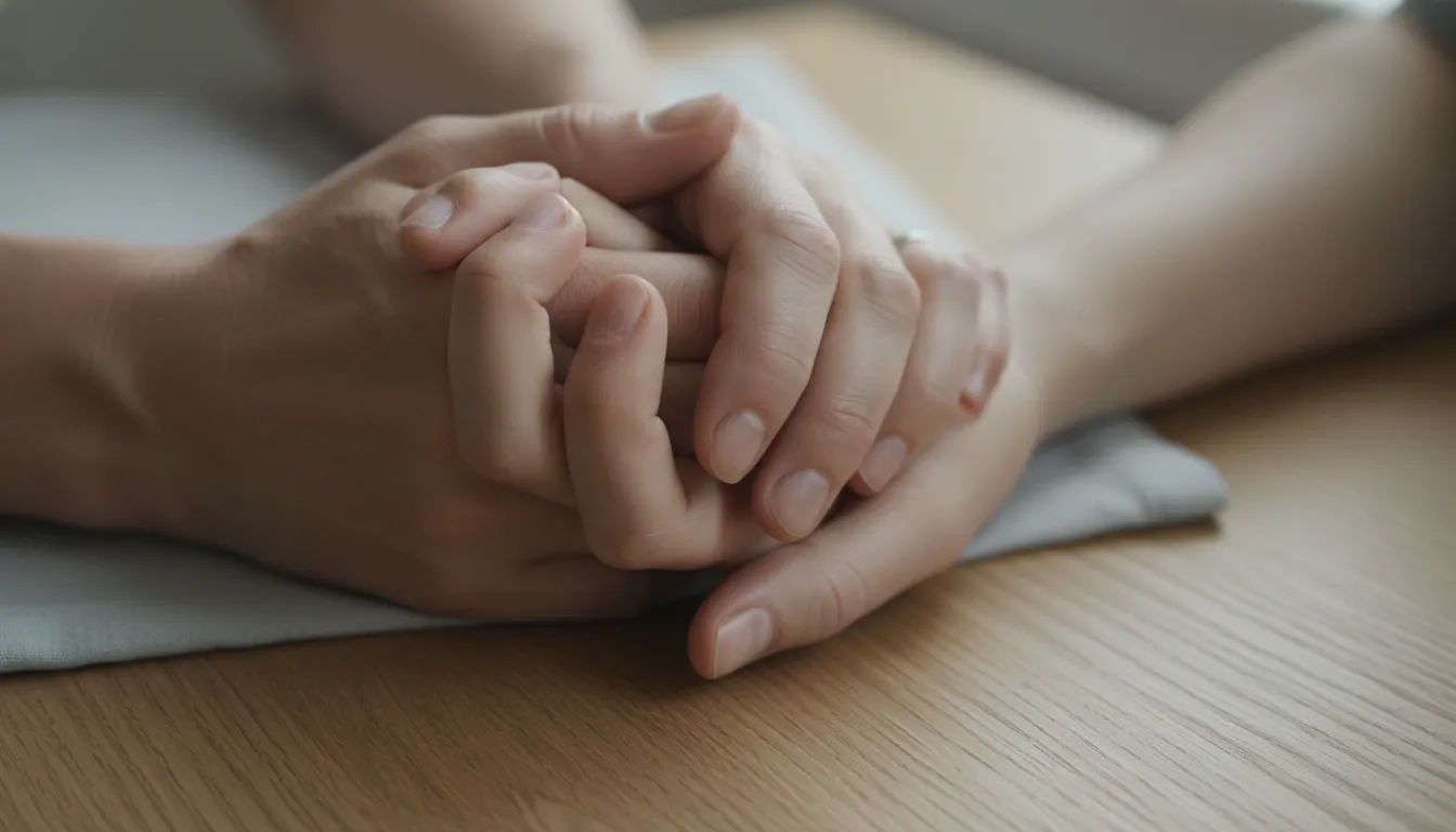 Mãos entrelaçadas revelam dependência emocional e busca por segurança, mas também um certo receio.