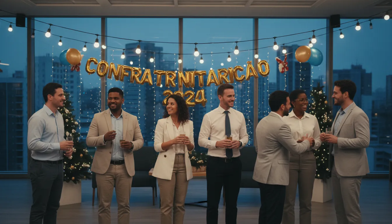 Funcionários com trajes sociais leves se cumprimentando amigavelmente em festa corporativa decorada.