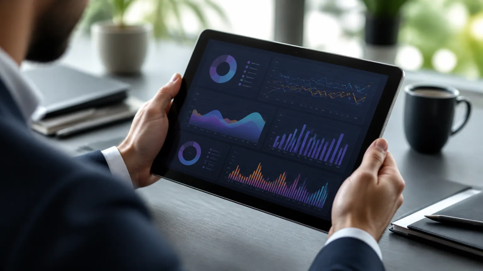 Profissional monitorando gráficos de desempenho das indicações financeiras em tablet moderno.