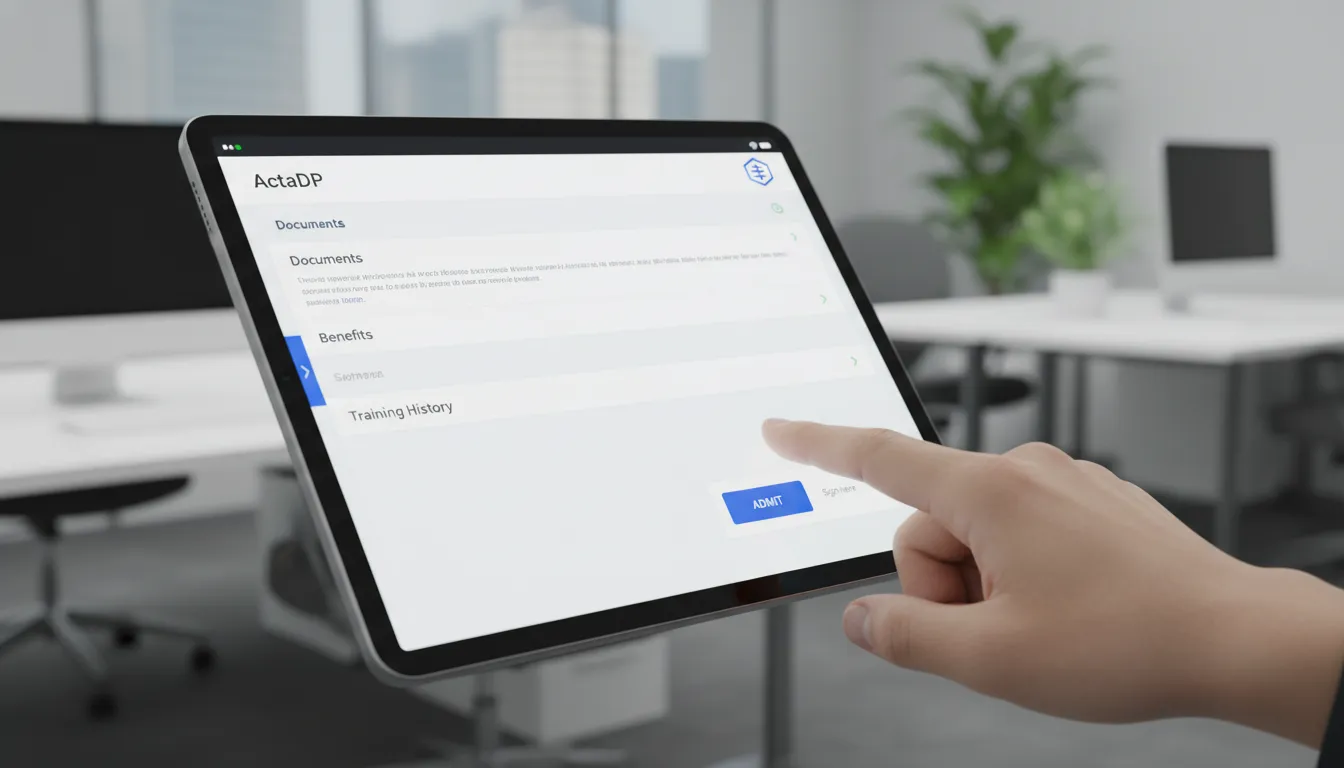Tela do ActaDP com módulo Colaboradores, destacando admissão digital e assinatura eletrônica. Eficiência DP.