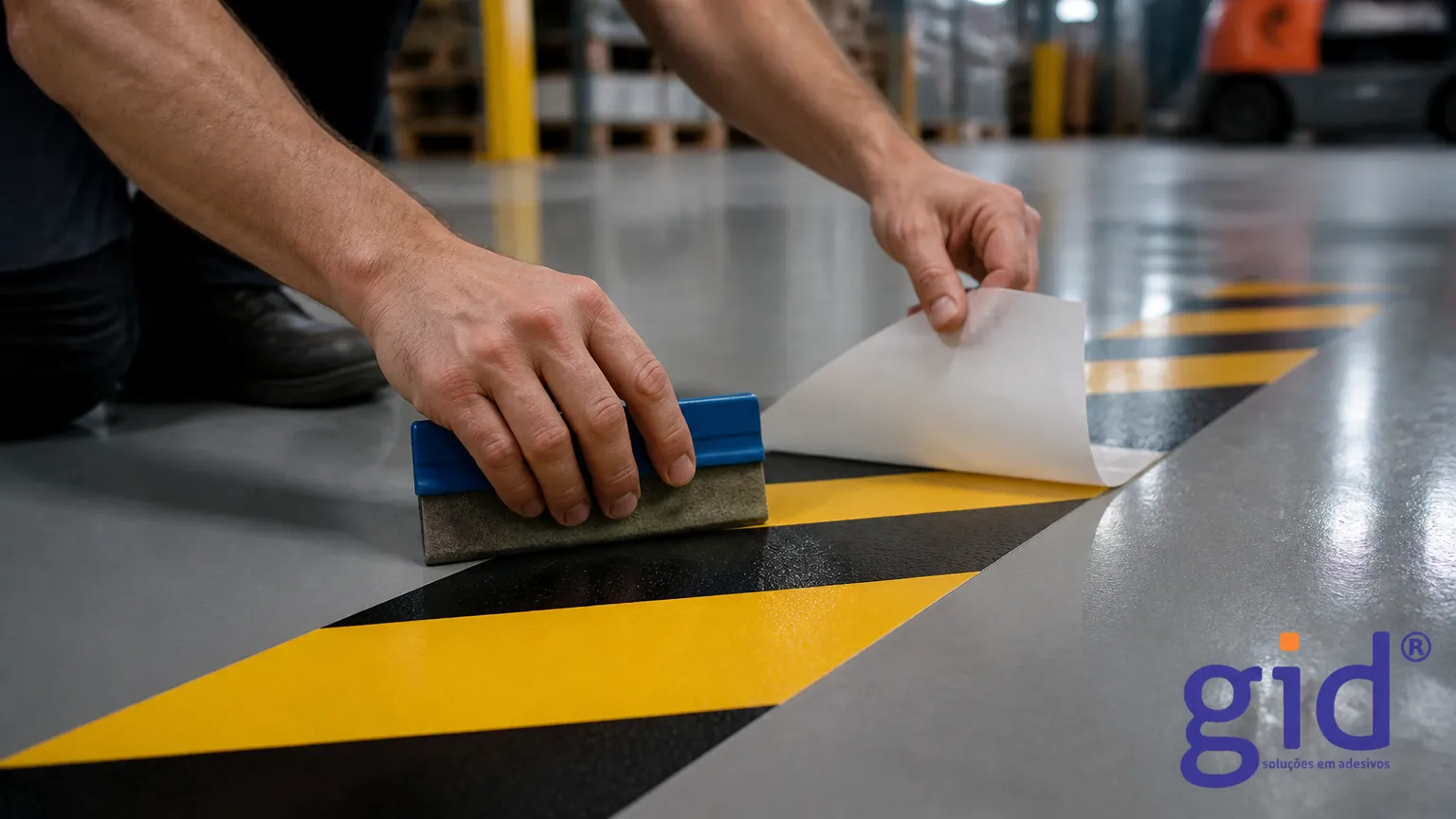 Instalação de adesivo de chão resistente e antiderrapante para sinalização e demarcação de segurança.