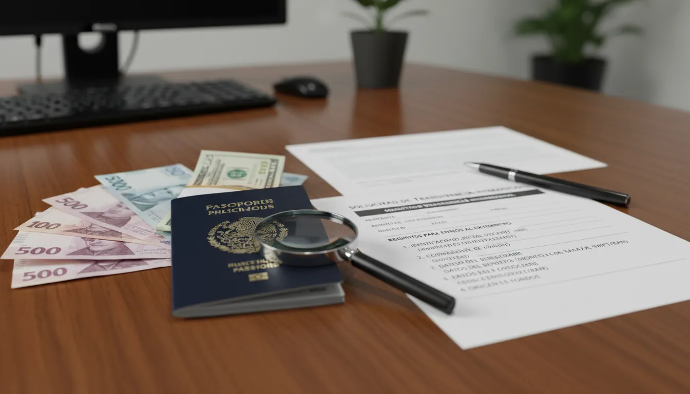 Mesa con documentos, efectivo y formularios necesarios para enviar dinero de México a EE. UU.