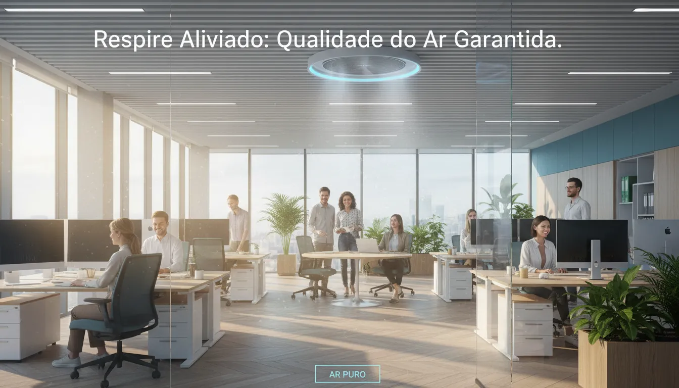 Pessoas em escritório moderno desfrutando de ar puro, resultado de manutenção e instalacao ar condicionado de qualidade.