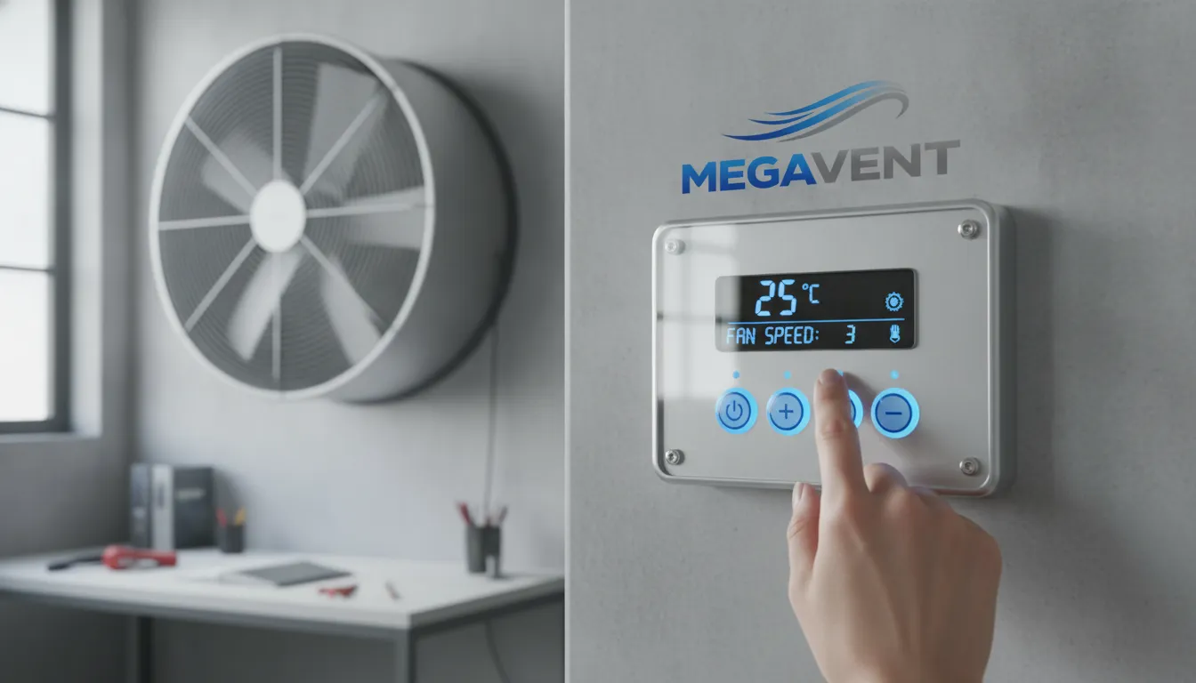 Painel de controle de um ventilador de parede industrial MegaVent, destacando facilidade de uso e ajustes.