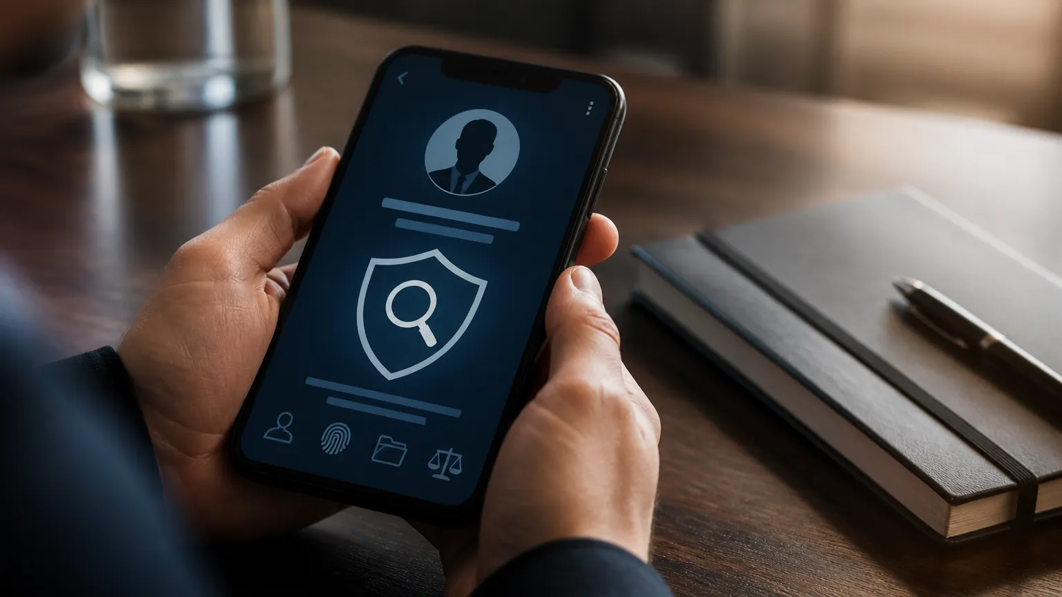 Pessoa coletando provas digitais contra perfil falso pelo smartphone em mesa de trabalho.