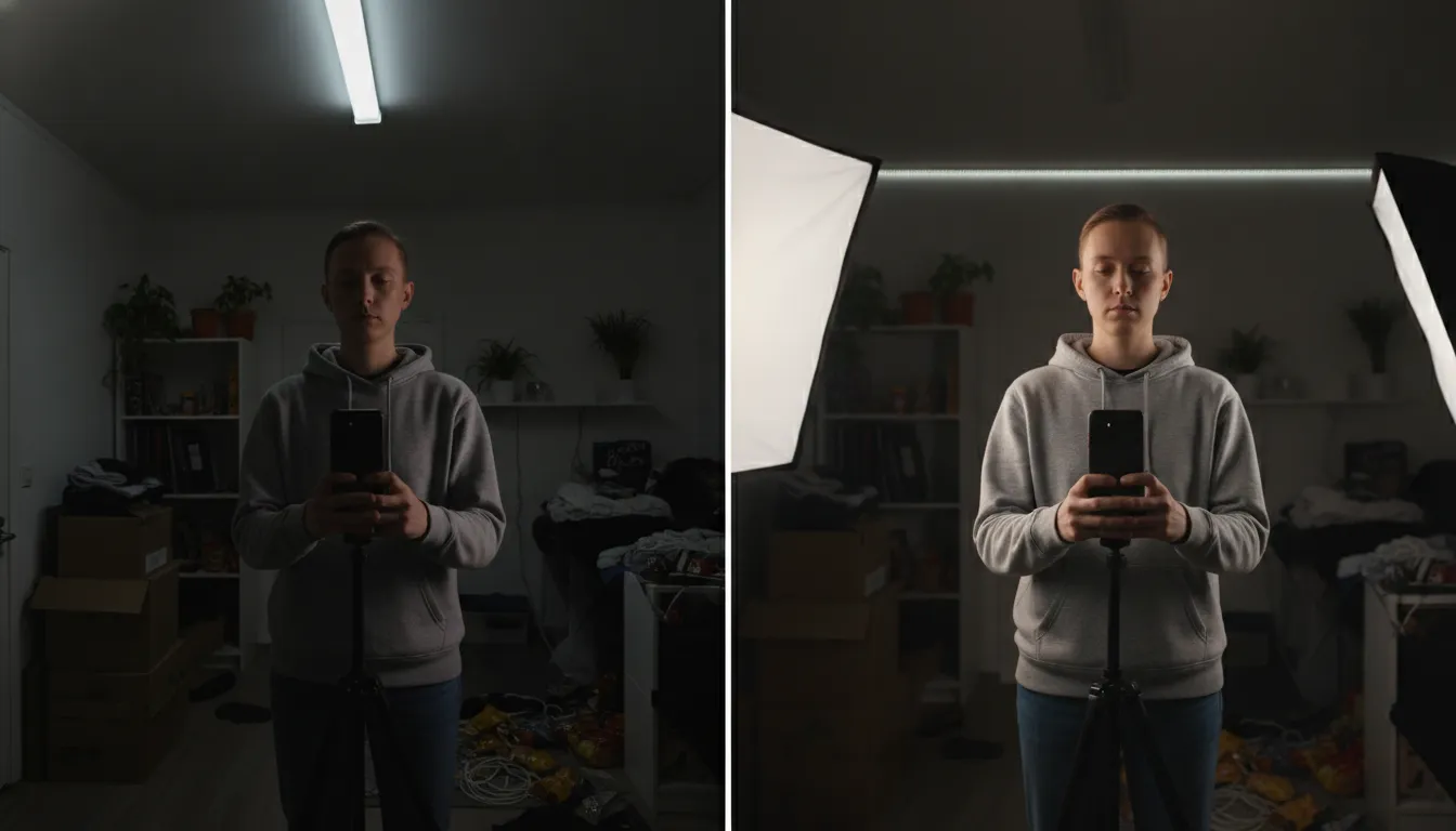 Comparativo: vídeo amador (esquerda) vs. profissional (direita), evidenciando a iluminação para vídeo.