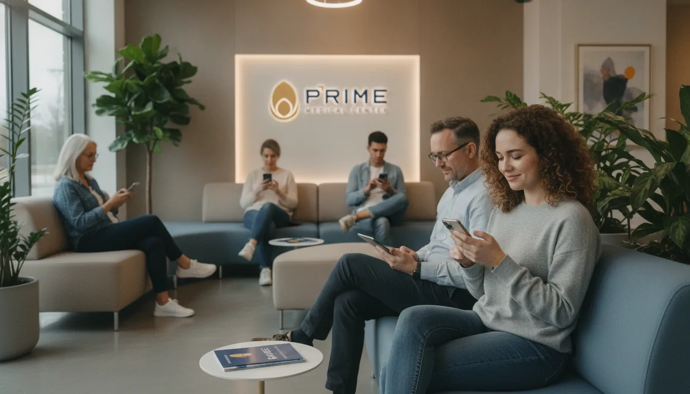 Pessoas diversas em clínica Prime Medical, entendendo resultado exame de urina pelo celular, aliviadas.
