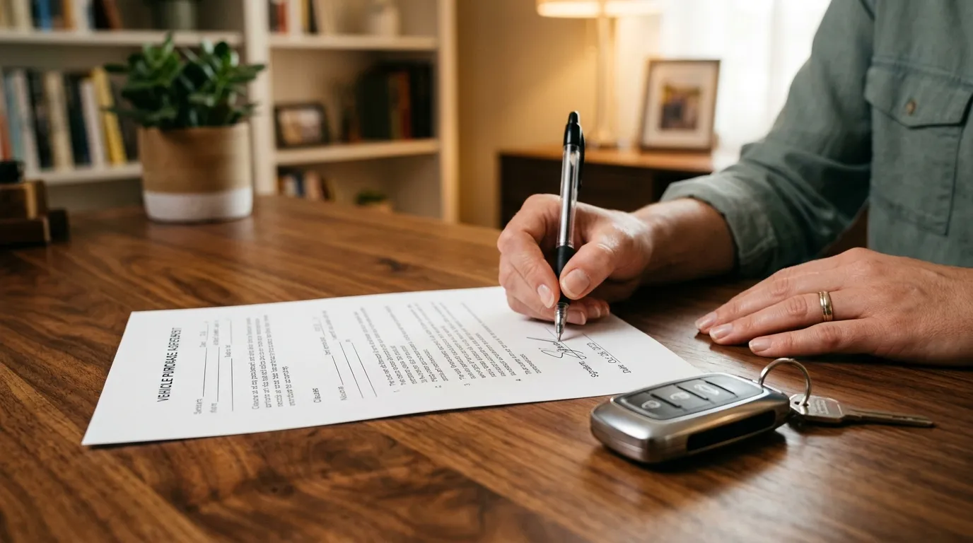 Assinatura de contrato de refinanciamento de veículo quitado com chave de carro ao lado.