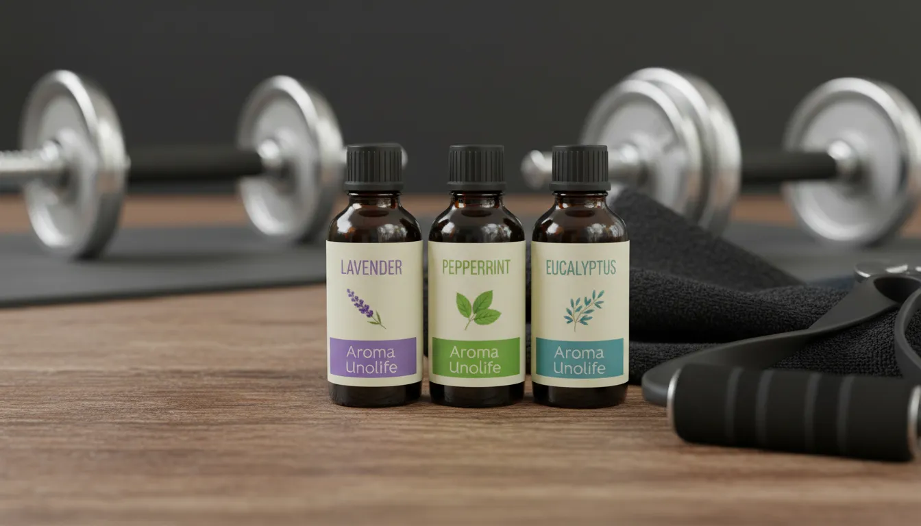 Frascos de óleos essenciais (lavanda, hortelã-pimenta, eucalipto) em uma mesa de madeira, ao lado de equipamentos de treino. Aromaterapia para o seu treino com Unolife.