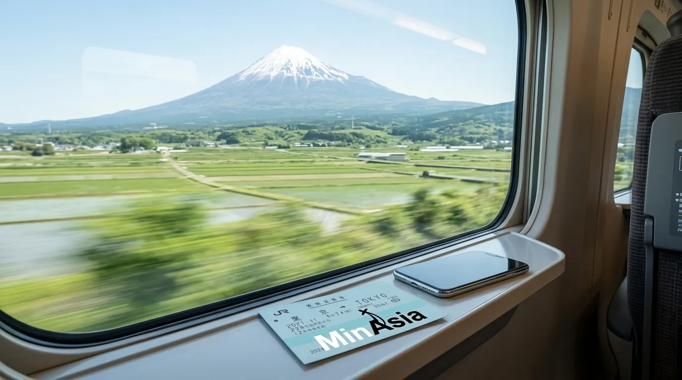 Trem-bala com vista do Monte Fuji mostrando quanto custa viajar para o japão em transporte.