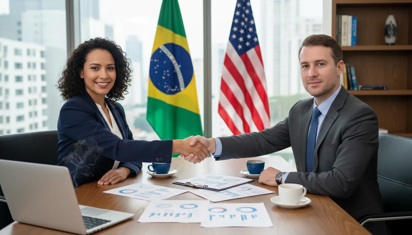 Profissionais do Brasil e EUA apertando as mãos sobre mesa com documentos e bandeiras dos dois países.