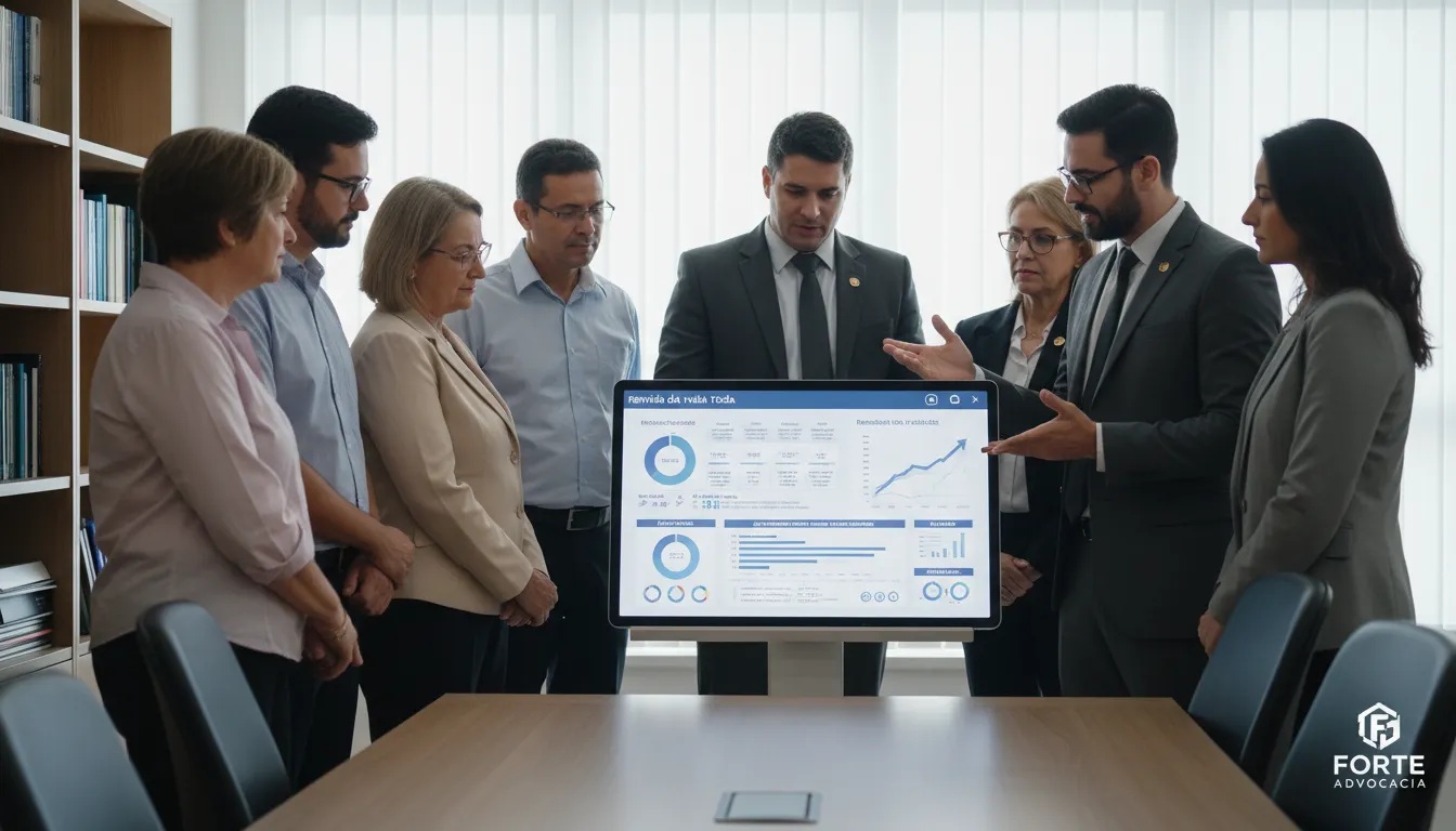 Grupo diverso entende a revisão da vida toda com advogado, analisando gráficos e dados previdenciários. Forte Advocacia.