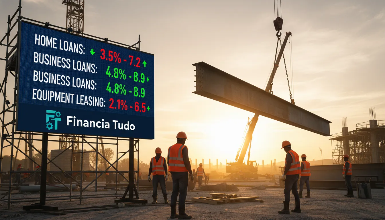 Canteiro de obras com trabalhadores e tela digital mostrando taxas de empréstimo para construção. Financia Tudo, crédito facilitado.