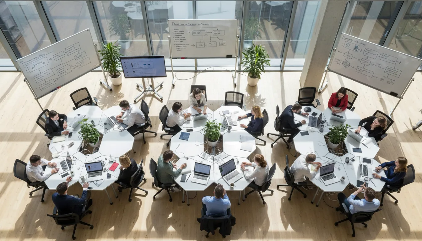 Visão panorâmica de um escritório moderno durante um treinamento de gestão de dados, com pessoas engajadas em discussões.