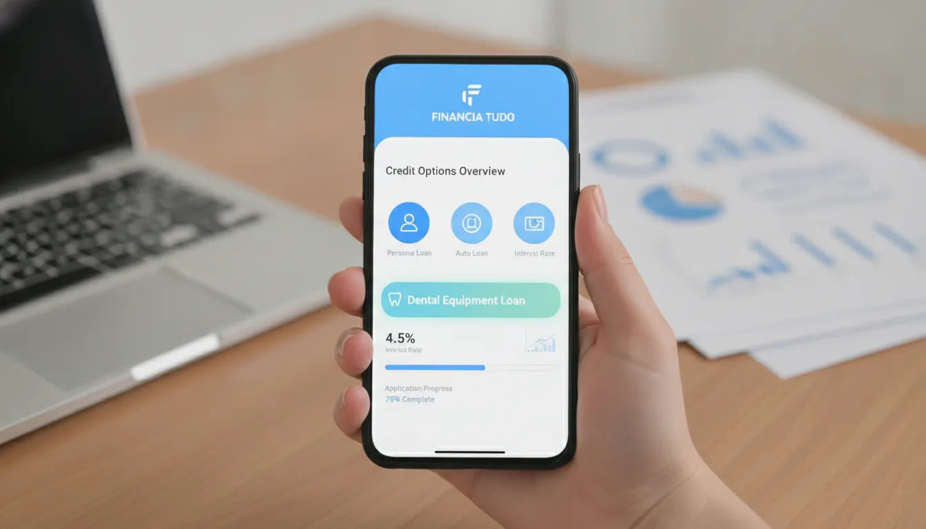 Aplicativo Financia Tudo no smartphone com opções de financiamento para equipamentos odontológicos de forma ágil.