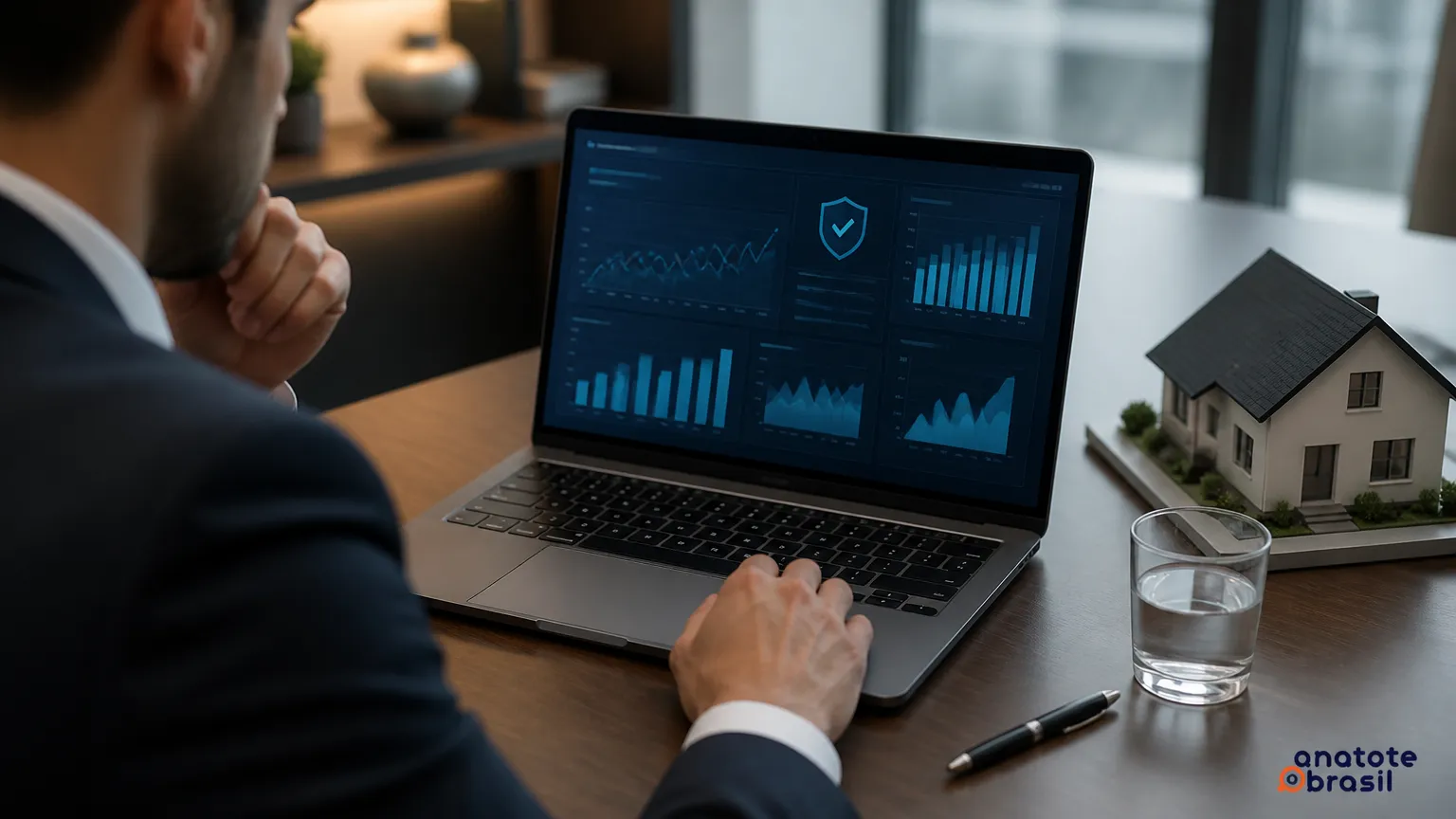 Consulta de dados regulatórios e simulação do consórcio Tradição em laptop no escritório.