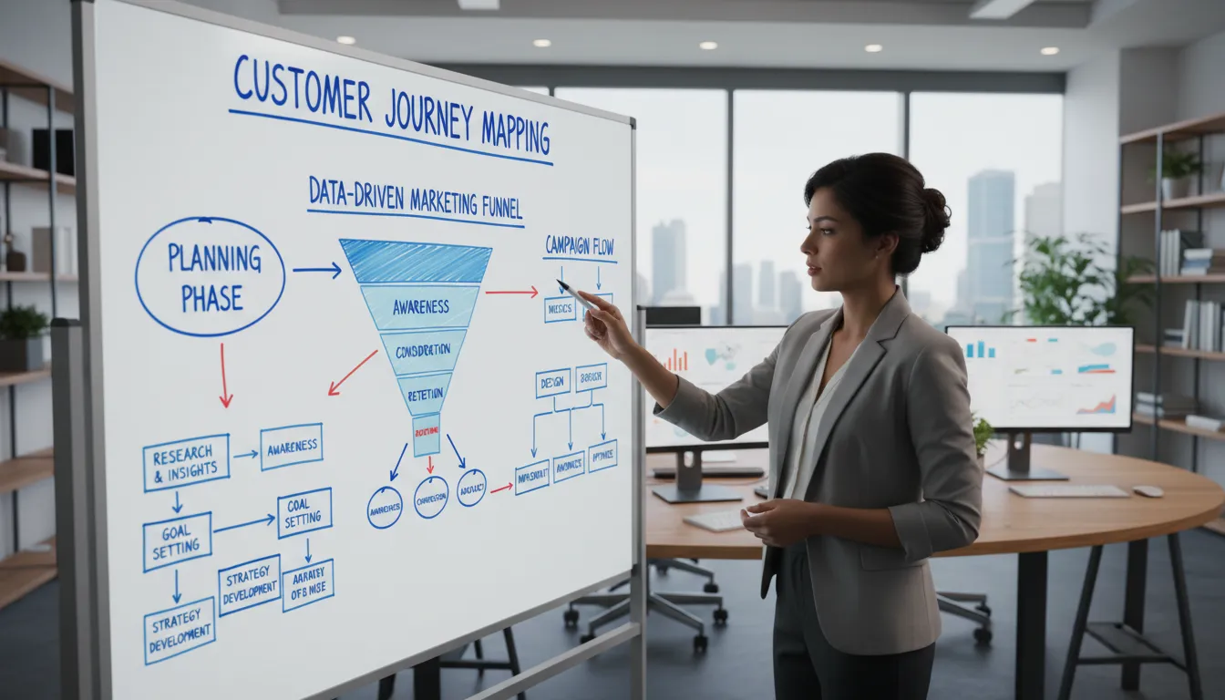 Especialista planejando funil de marketing e campanhas em quadro branco em ambiente inspirador