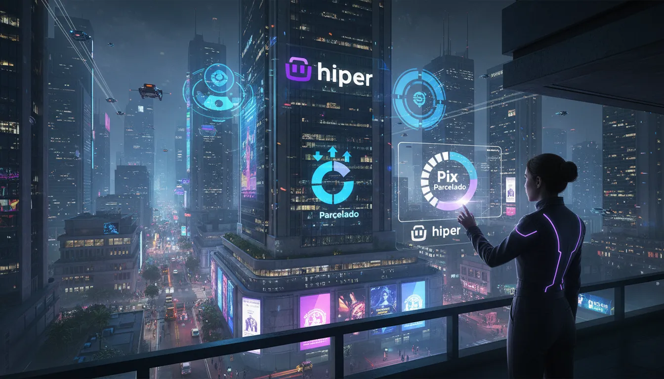 Cidade futurística com projeções holográficas mostrando o pix parcelado como funciona integrado ao sistema Hiper.