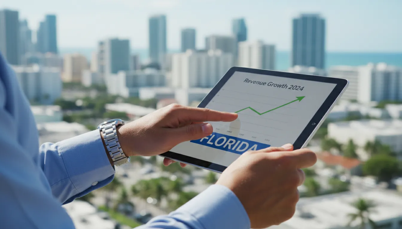 Close-up das mãos de um empresário latino apontando para um gráfico de crescimento financeiro em um tablet. Contabilidad para emprendedores latinos en Florida impulsionando o sucesso.