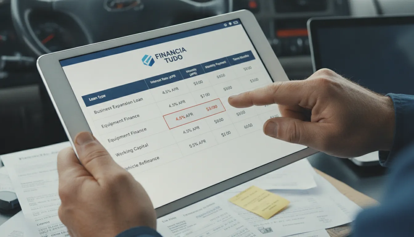 Tablet exibe refinanciamento de caminhão para capital de giro com opções financeiras da Financia Tudo.